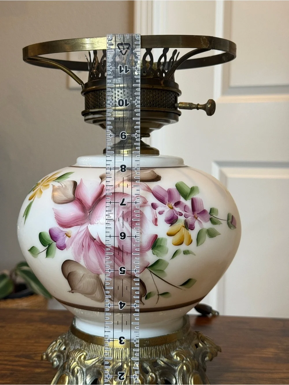 Vintage GWTW Hurricane Parlor Lamp Base Hand Painted Pink Roses Milk Glass
